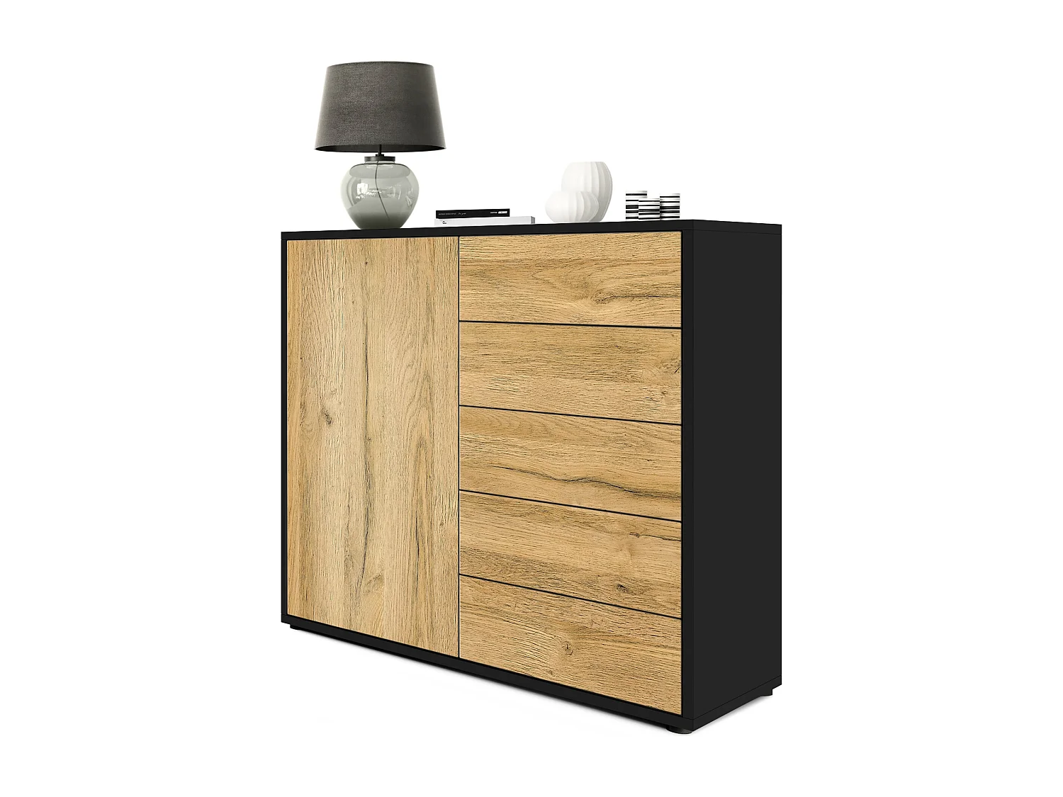 Madia  Ben V2, mobile con 1 anta e 5 cassetti, nero opaco/quercia naturale (79 x 74 x 36 cm)