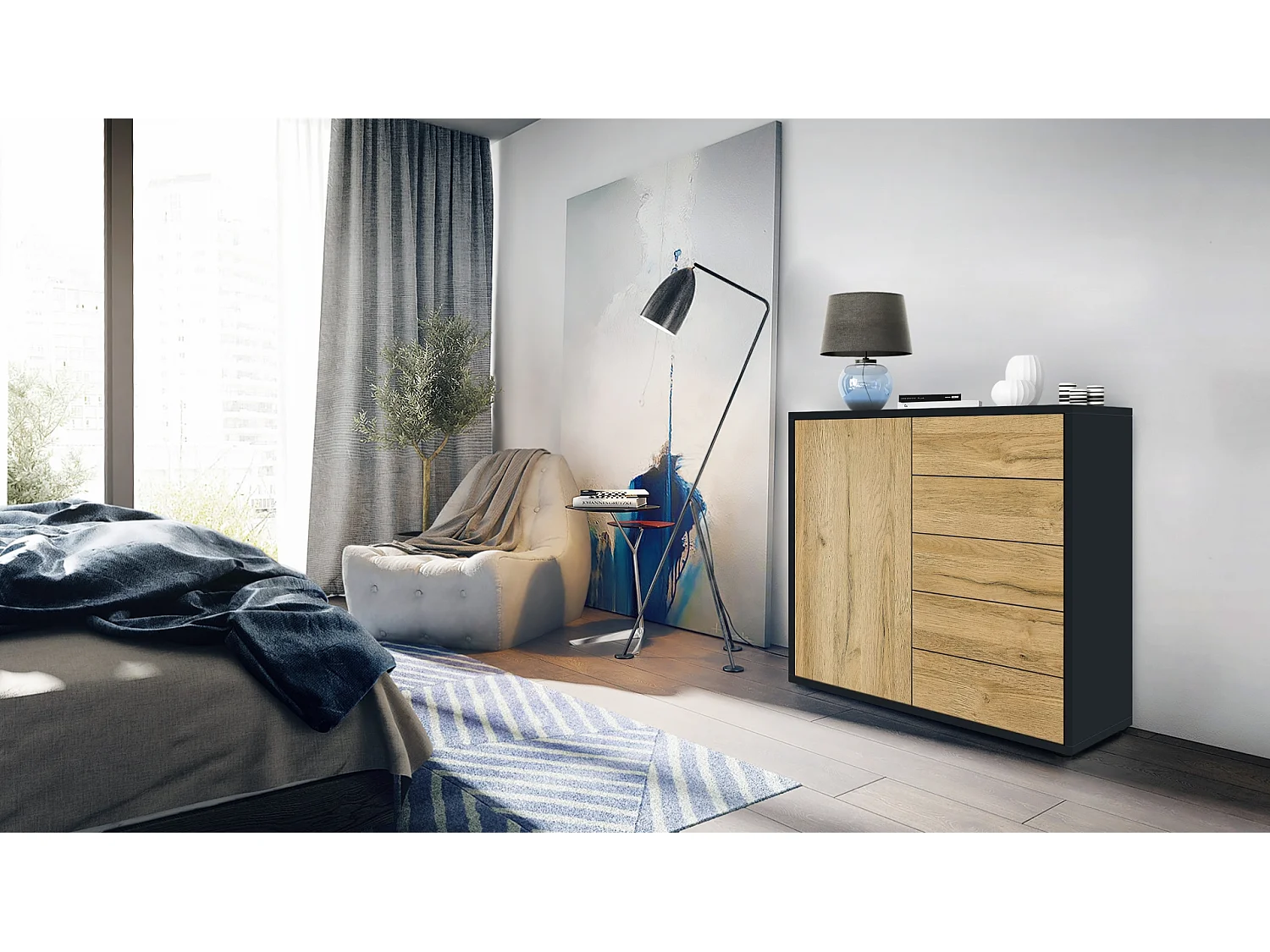 Madia  Ben V2, mobile con 1 anta e 5 cassetti, nero opaco/quercia naturale (79 x 74 x 36 cm)