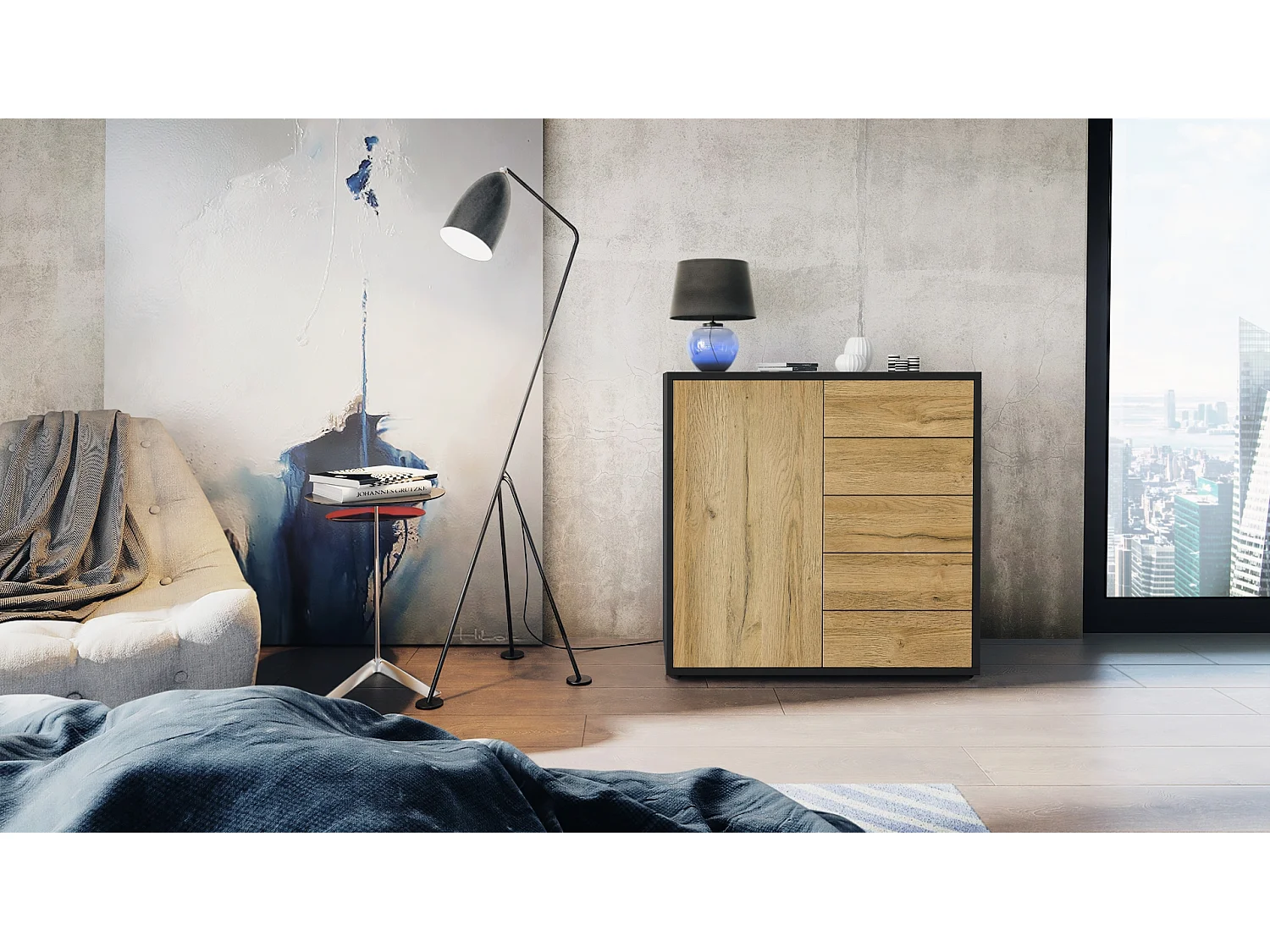 Madia  Ben V2, mobile con 1 anta e 5 cassetti, nero opaco/quercia naturale (79 x 74 x 36 cm)