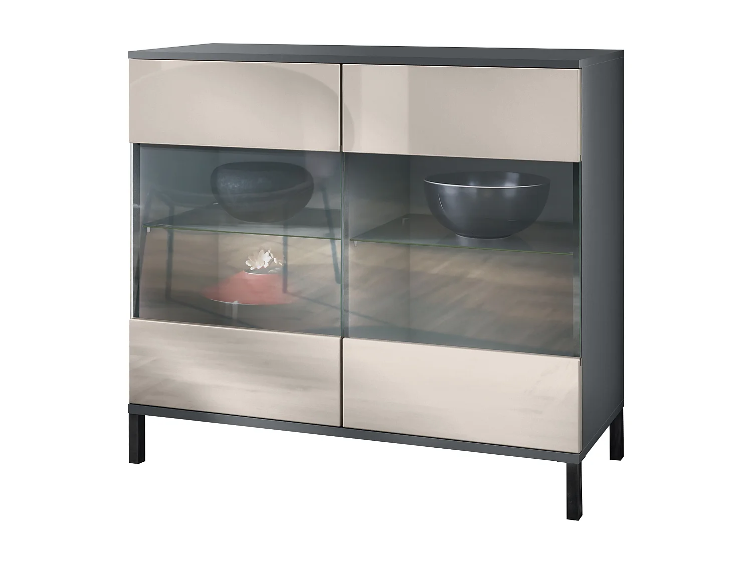 Commode Bari V3, Armoire de cuisine moderne avec 2 grandes portes vitrées anthracite mat / gris sable haute brillance (92,5 x 83.5 x 35)