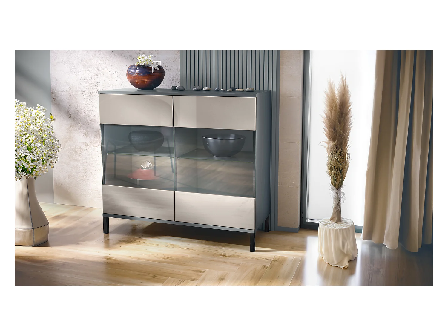 Commode Bari V3, Armoire de cuisine moderne avec 2 grandes portes vitrées anthracite mat / gris sable haute brillance (92,5 x 83.5 x 35)