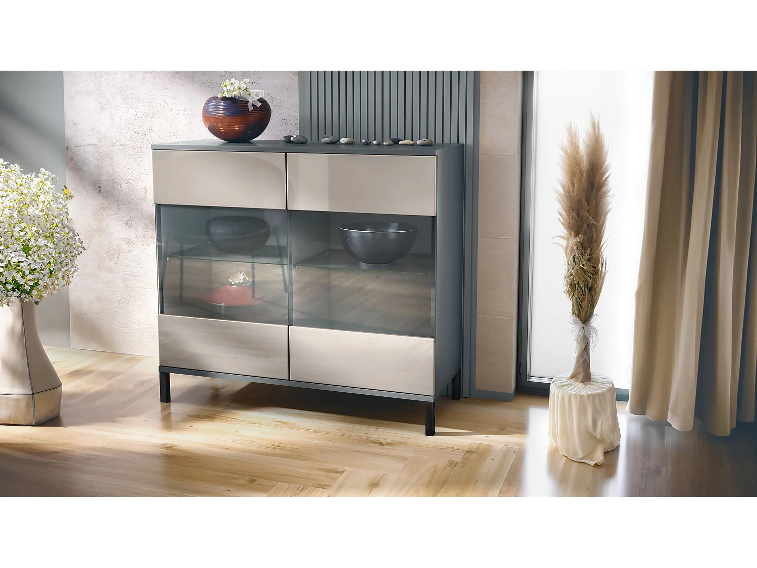 Commode Bari V3, Armoire de cuisine moderne avec 2 grandes portes vitrées anthracite mat / gris sable haute brillance (92,5 x 83.5 x 35)