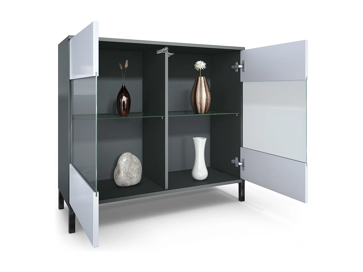 Commode Bari V3, Armoire de cuisine moderne avec 2 grandes portes vitrées anthracite mat / gris sable haute brillance (92,5 x 83.5 x 35)