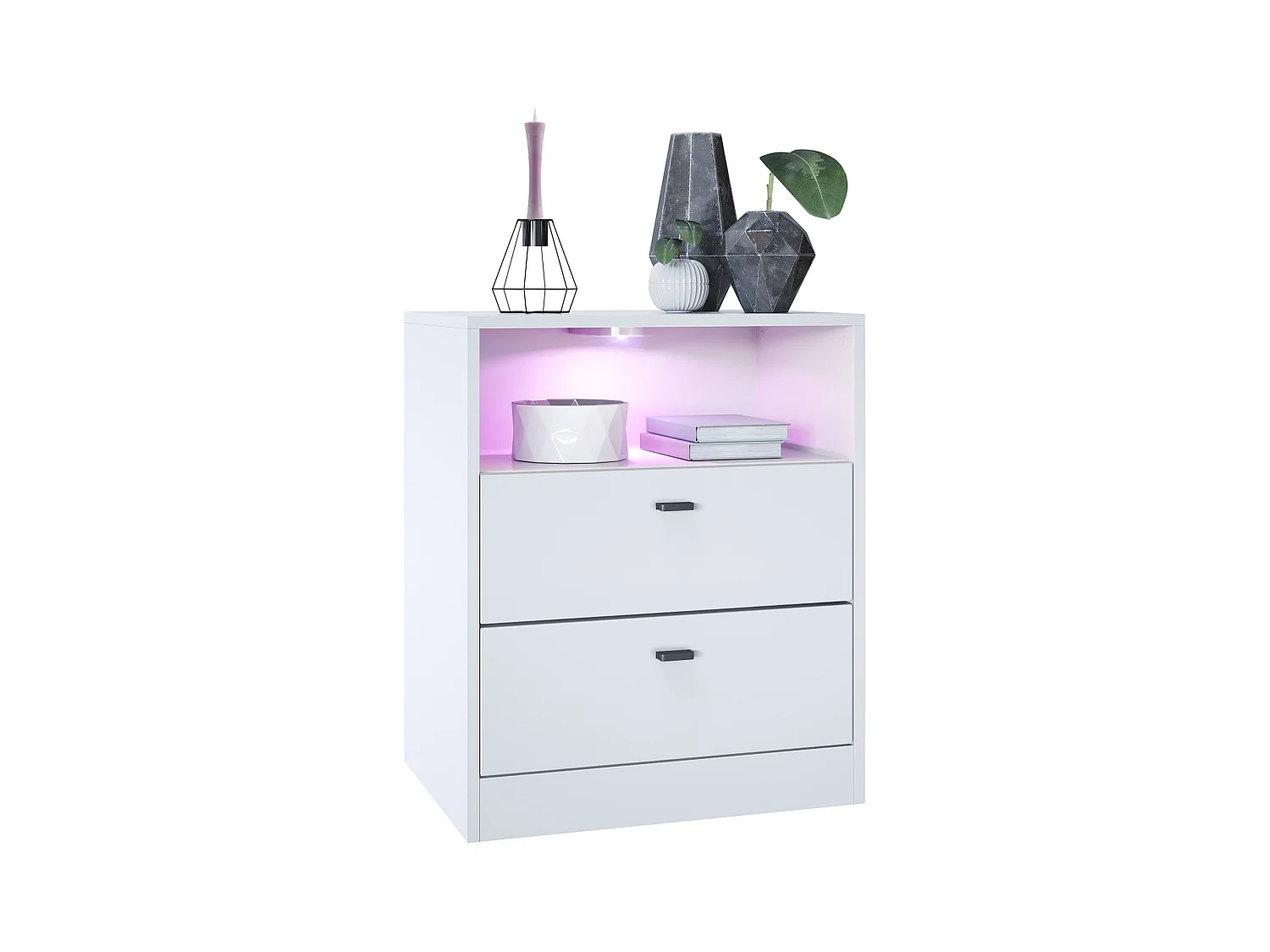 Cassettiera Pino V1, Comodino con 2 cassetti e 1 vano a giorno, Bianco opaco/Bianco opaco con LED RGB (56 x 67,5 x 36 cm)