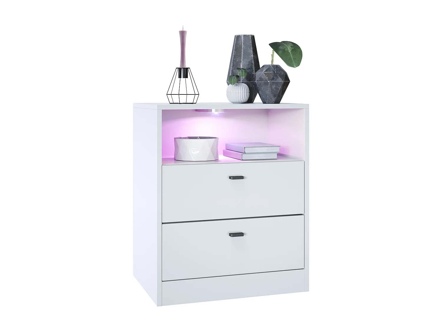 Vladon cómoda Pino V1, mesilla de noche con 2 cajones y 1 compartimento abierto, blanco mate/Blanco mate con iluminación LED RVB (56 x 67,5 x 36 cm)