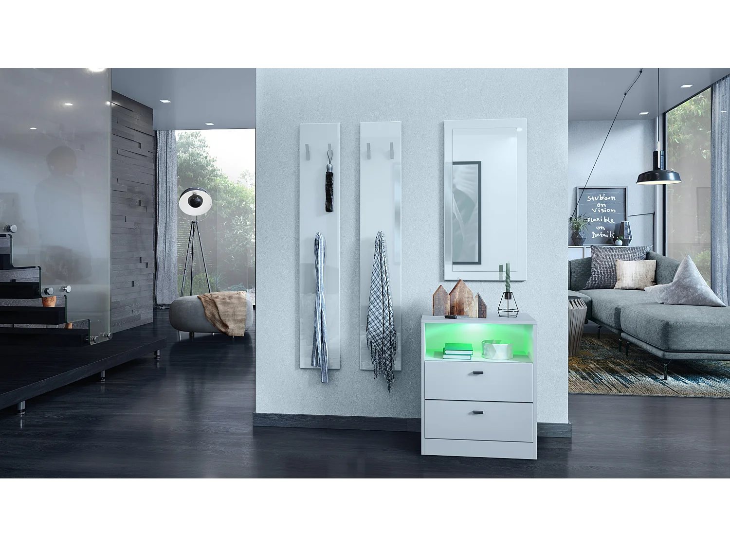 Vladon cómoda Pino V1, mesilla de noche con 2 cajones y 1 compartimento abierto, blanco mate/Blanco mate con iluminación LED RVB (56 x 67,5 x 36 cm)