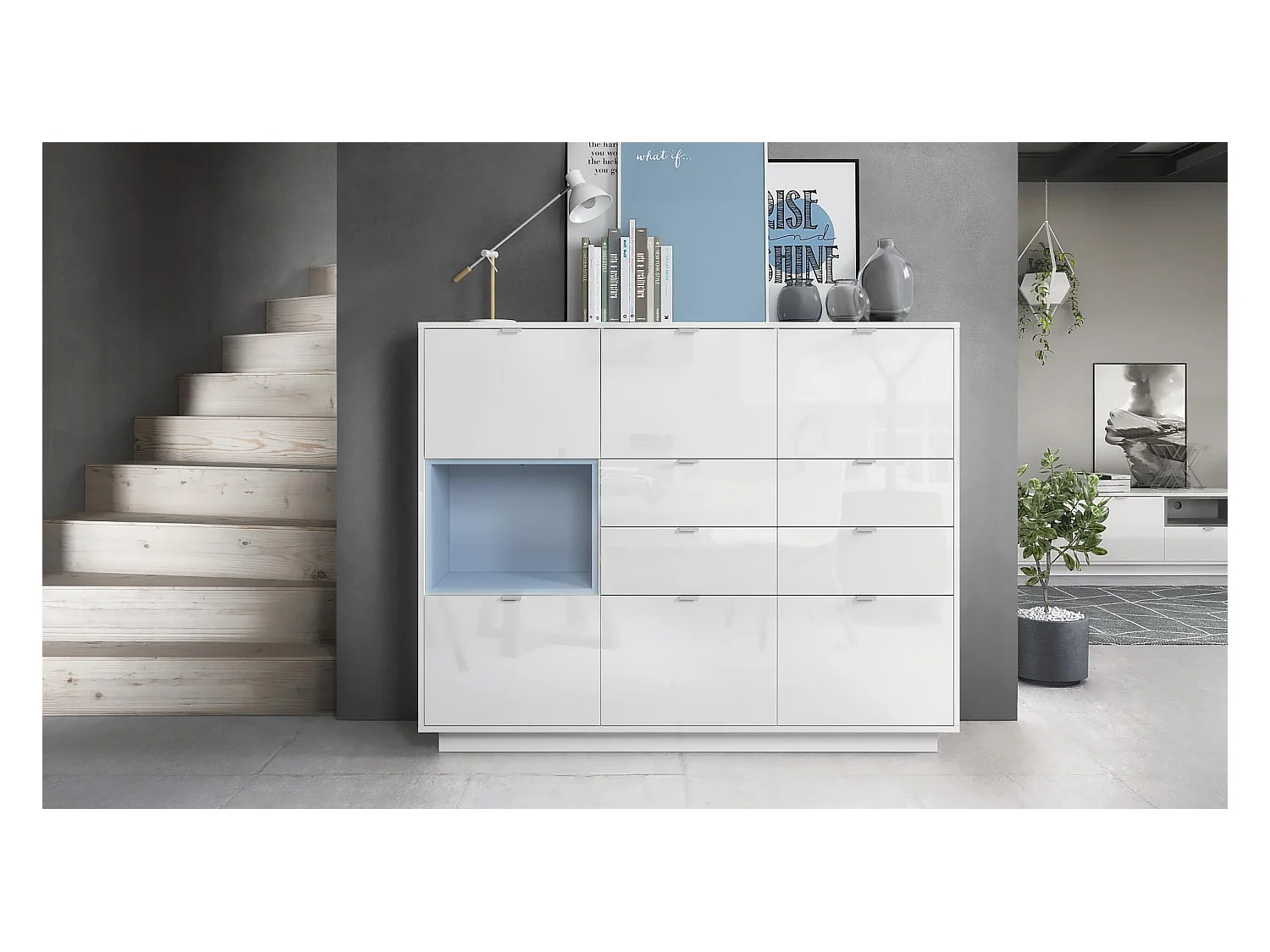 Buffet haut Armoire Metro V2, Corps en Blanc haute brillance / Façades en Blanc haute brillance avec une insertion en Denim mat