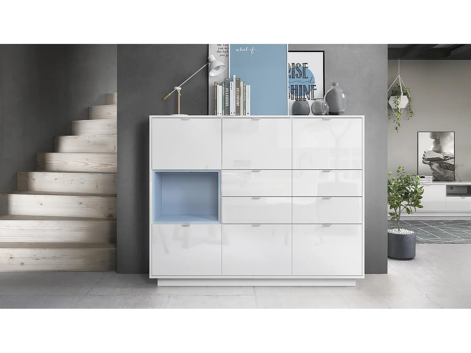 Credenza Metro V2, Struttura in bianco lucido / Frontale in bianco lucido con inserto in denim opaco