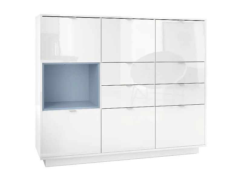 Buffet haut Armoire Metro V2, Corps en Blanc haute brillance / Façades en Blanc haute brillance avec une insertion en Denim mat