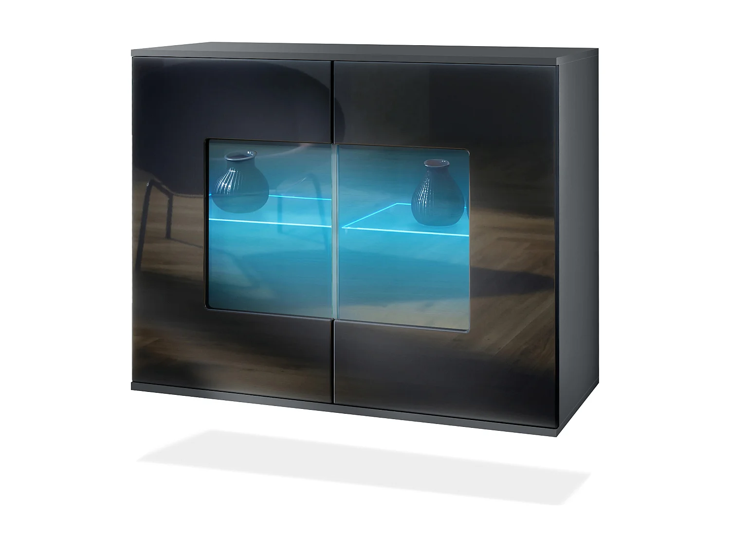 Commode Grömitz V3, Armoire de cuisine moderne avec 2 grandes portes vitrées incl. éclairage RGB anthracite mat / noir haute brillance (92,5 x 73.5 x 35)