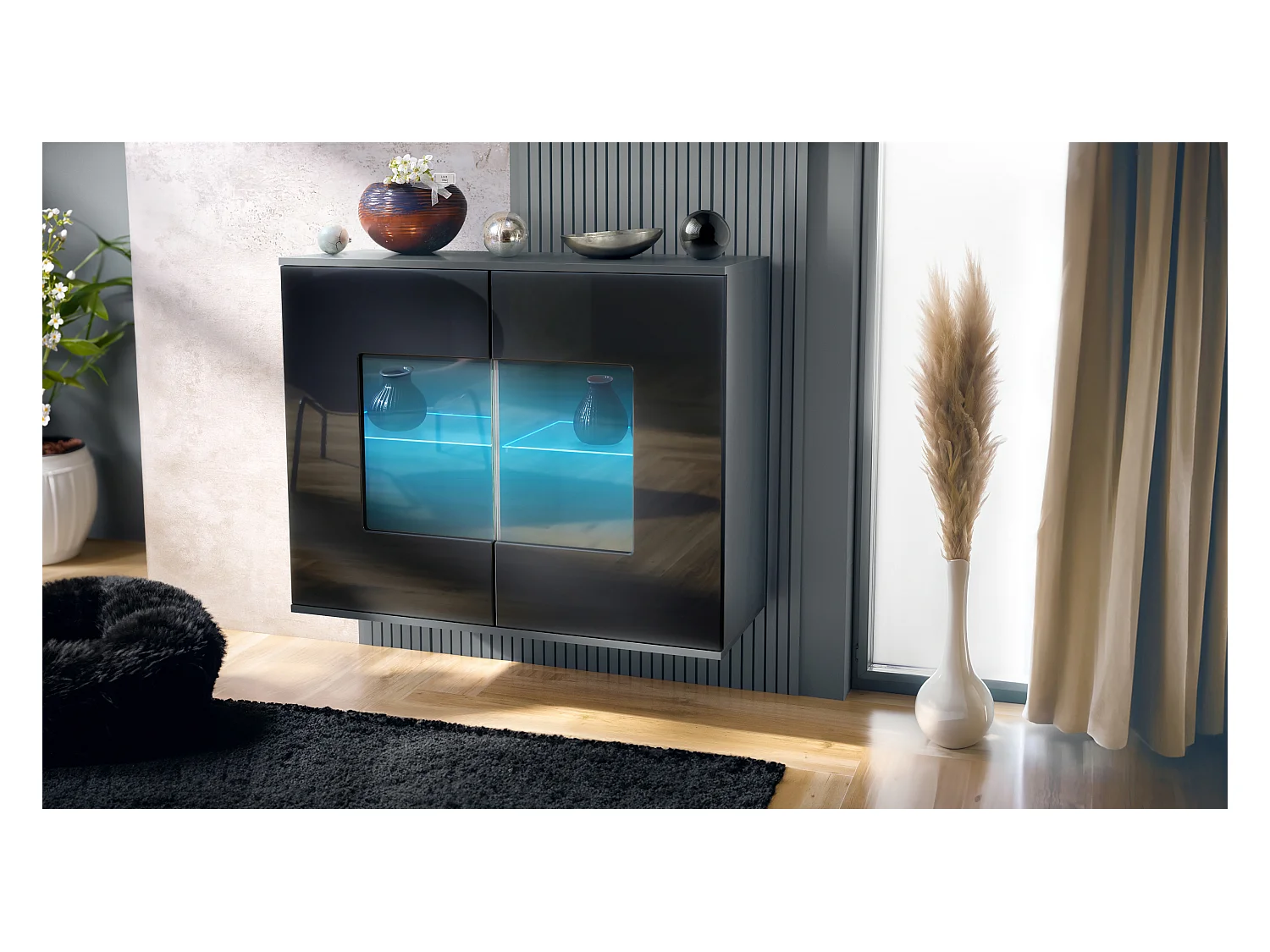 Commode Grömitz V3, Armoire de cuisine moderne avec 2 grandes portes vitrées incl. éclairage RGB anthracite mat / noir haute brillance (92,5 x 73.5 x 35)