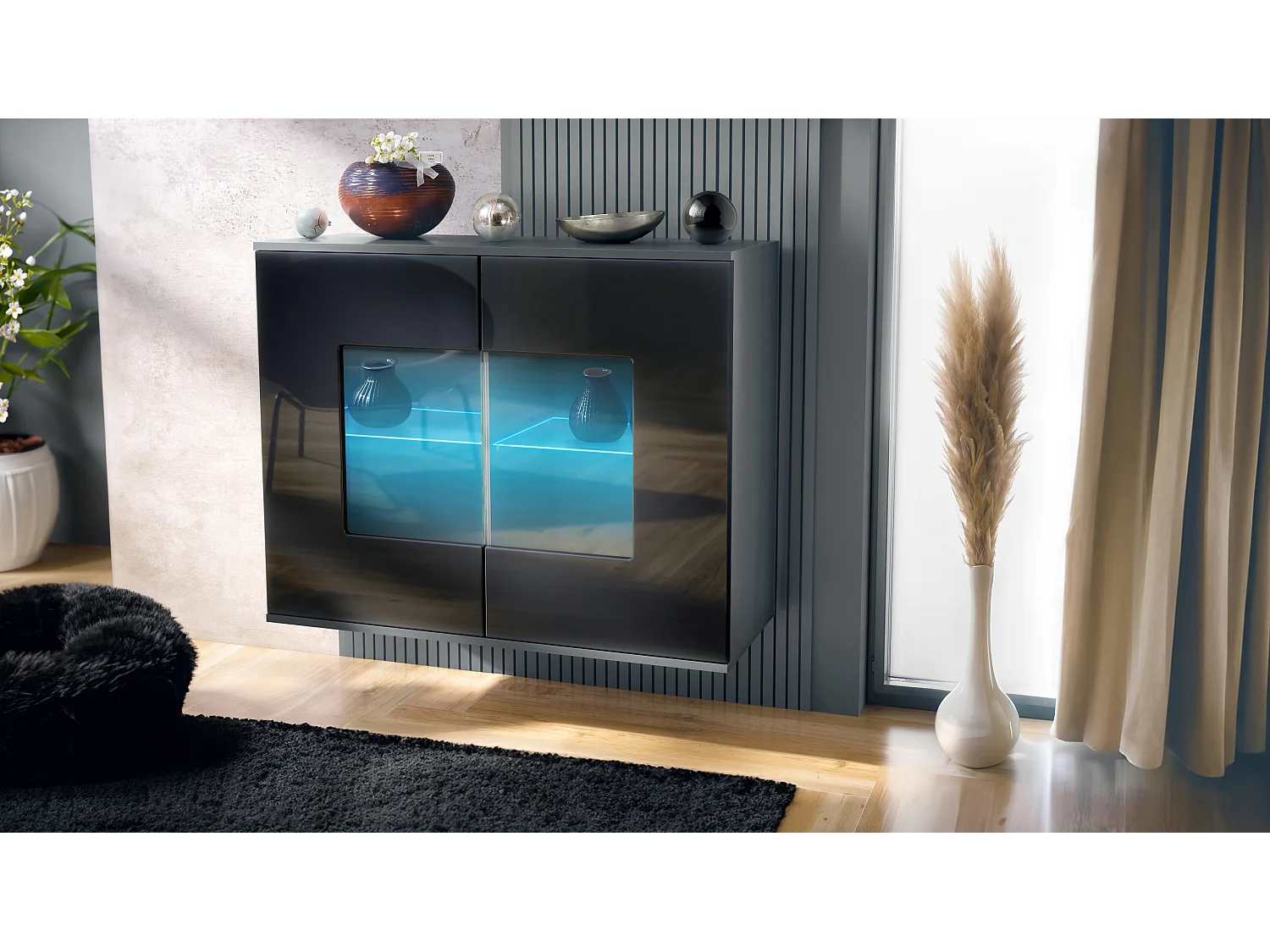 Cómoda Grömitz V3, Moderno armario de cocina con 2 grandes puertas de cristal incl. iluminación RGB antracita mate / negro de alto brillo (92,5 x 73.5 x 35)