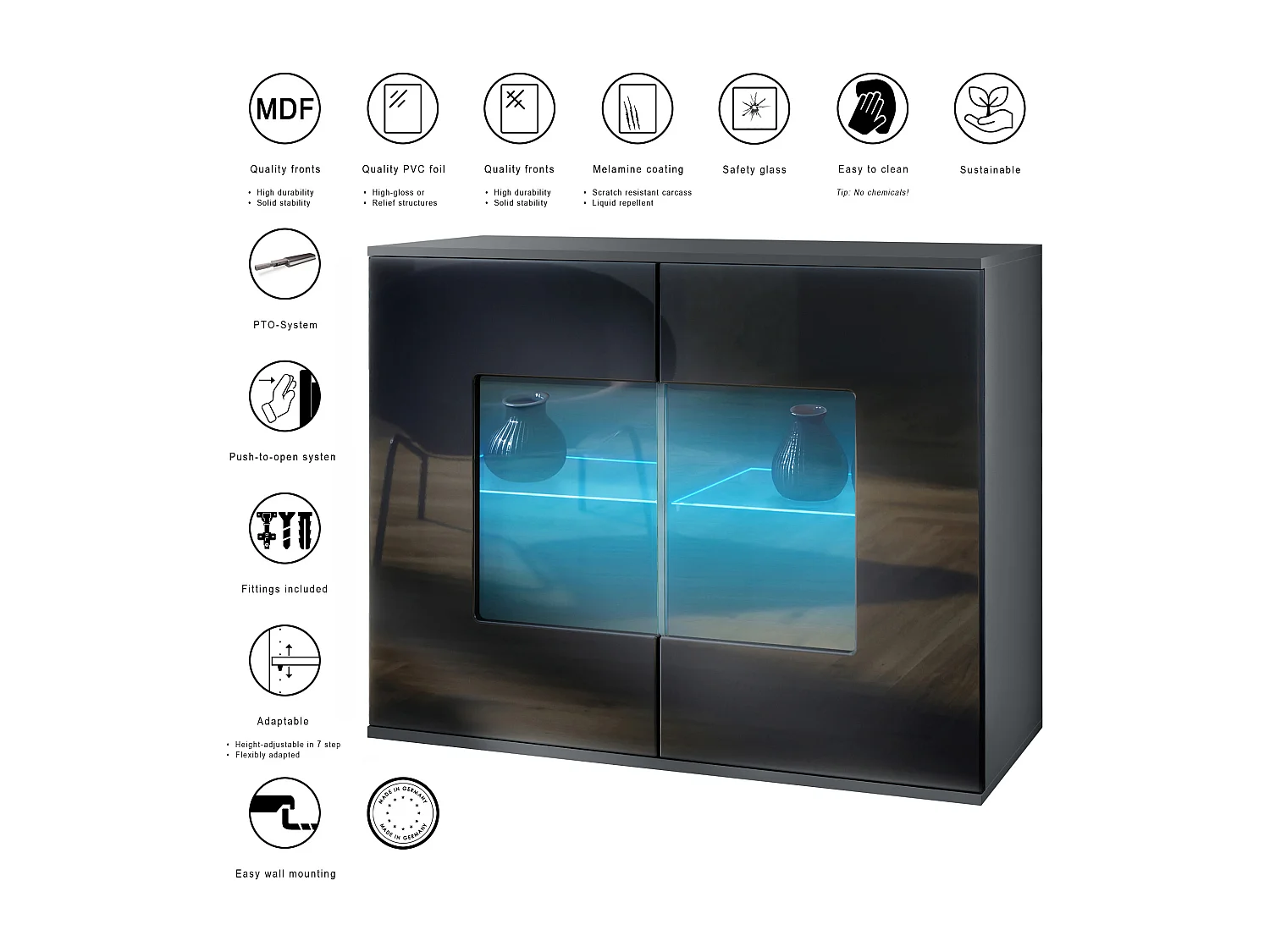 Cómoda Grömitz V3, Moderno armario de cocina con 2 grandes puertas de cristal incl. iluminación RGB antracita mate / negro de alto brillo (92,5 x 73.5 x 35)