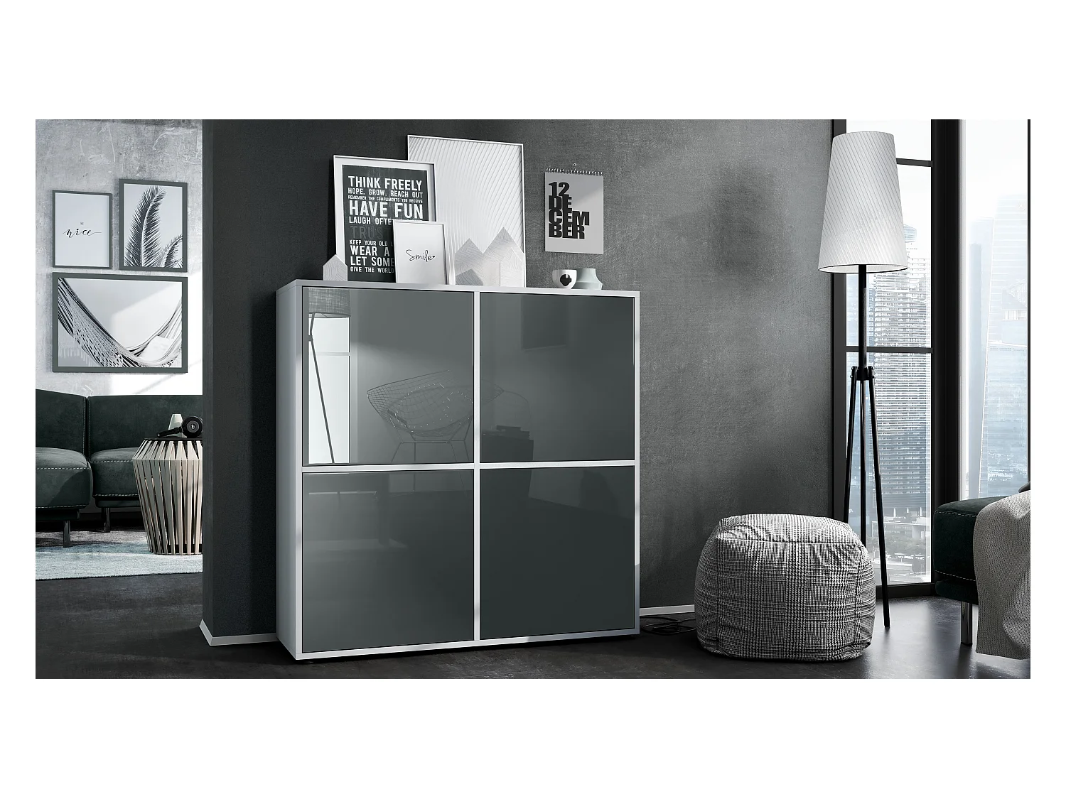 Highboard Cuba V2 Placard 104 x 105,5 x 35,5 cm Buffet à 8 compartiments, caisson en blanc mat / façades en Gris laqué haute brillance