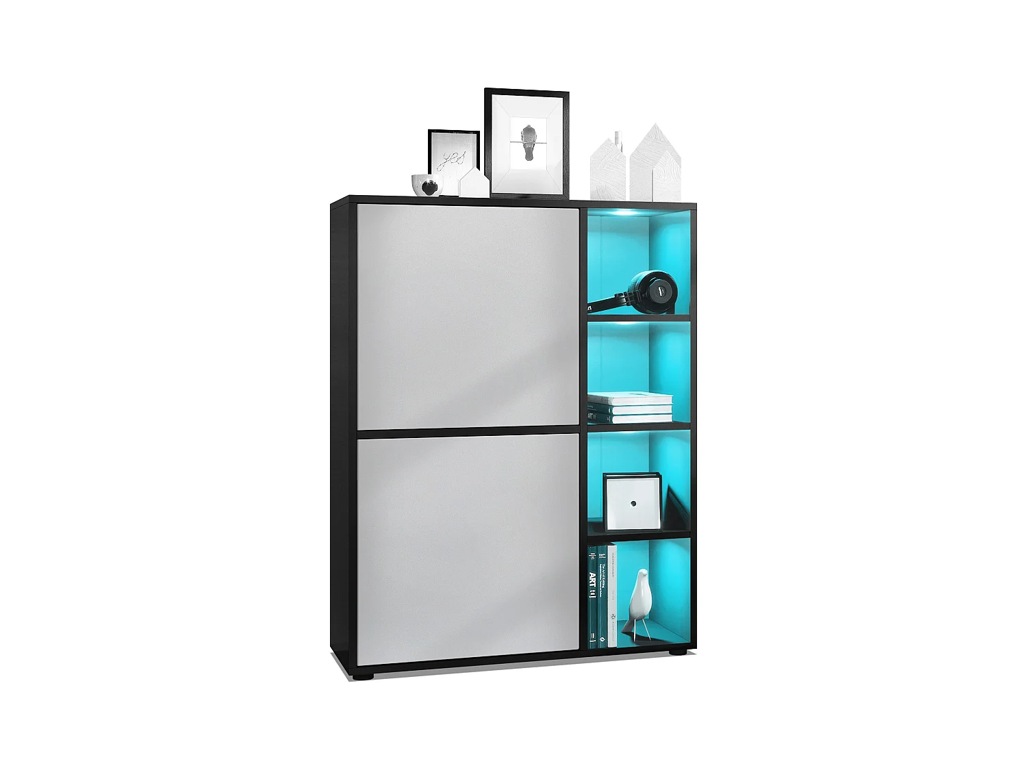 Buffet haut Cuba avec 8 compartiments, caisson en noir mat / Façades en Gris clair satiné mat avec éclairage LED RGB