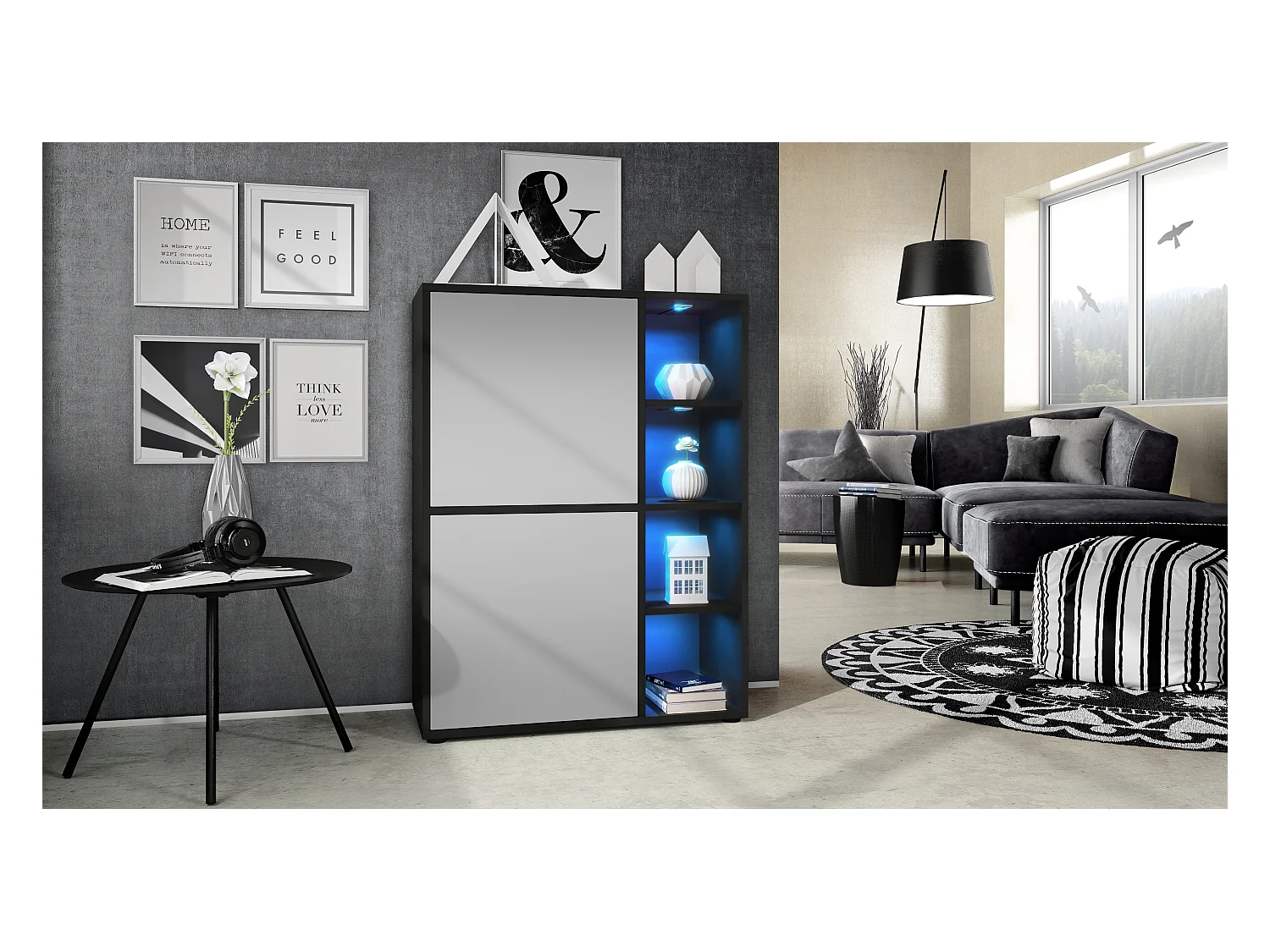 Buffet haut Cuba avec 8 compartiments, caisson en noir mat / Façades en Gris clair satiné mat avec éclairage LED RGB