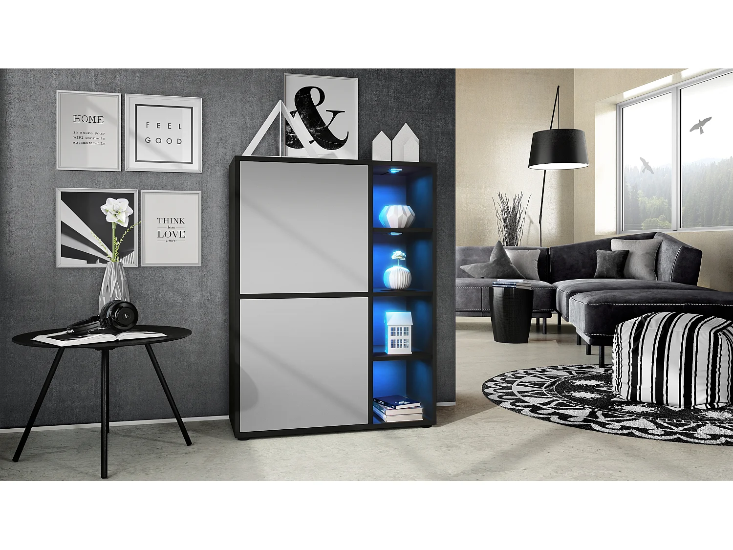 Buffet haut Cuba avec 8 compartiments, caisson en noir mat / Façades en Gris clair satiné mat avec éclairage LED RGB