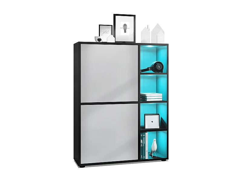 Buffet haut Cuba avec 8 compartiments, caisson en noir mat / Façades en Gris clair satiné mat avec éclairage LED RGB