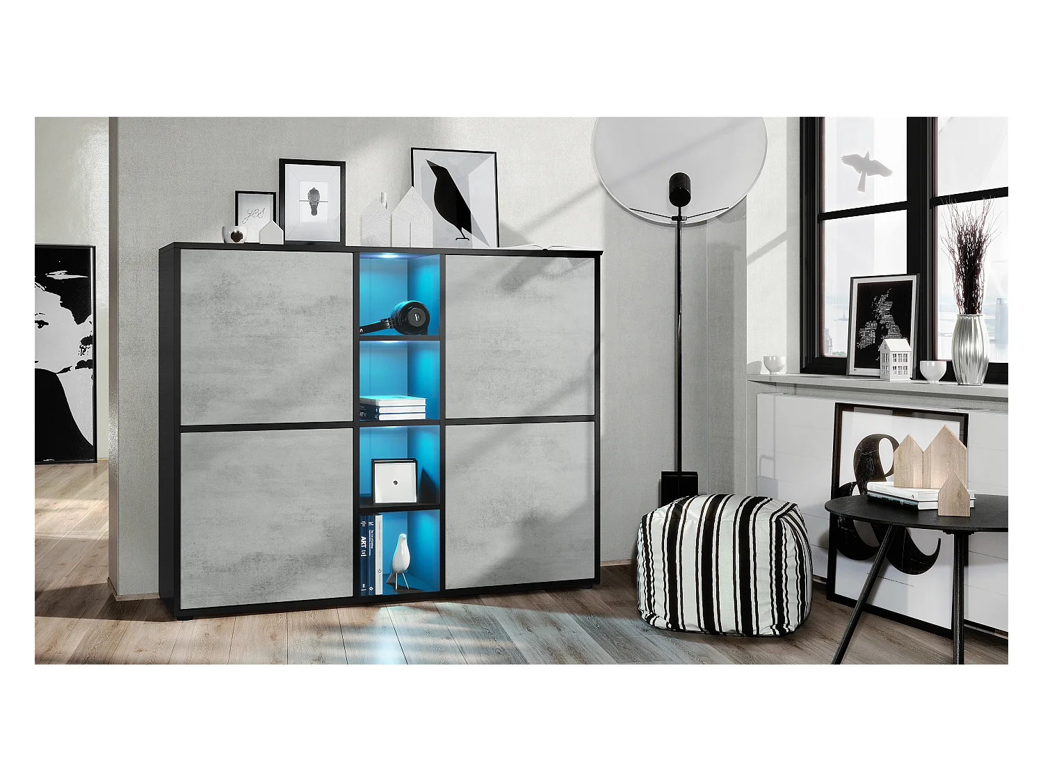 Highboard Cuba V3, noir mat/aspect béton oxyde y compris LED - Buffet moderne à 12 compartiments (130,5 x 105,5 x 35,5 cm)