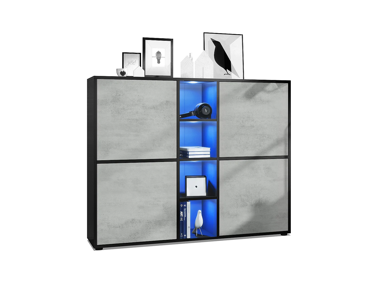 Highboard Cuba V3, noir mat/aspect béton oxyde y compris LED - Buffet moderne à 12 compartiments (130,5 x 105,5 x 35,5 cm)