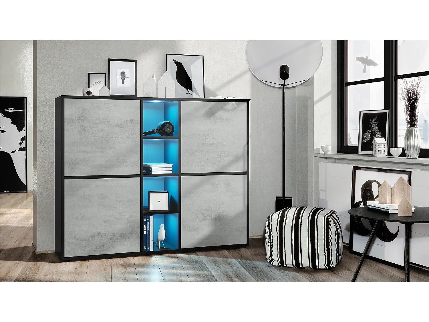 Highboard Cuba V3, noir mat/aspect béton oxyde y compris LED - Buffet moderne à 12 compartiments (130,5 x 105,5 x 35,5 cm)