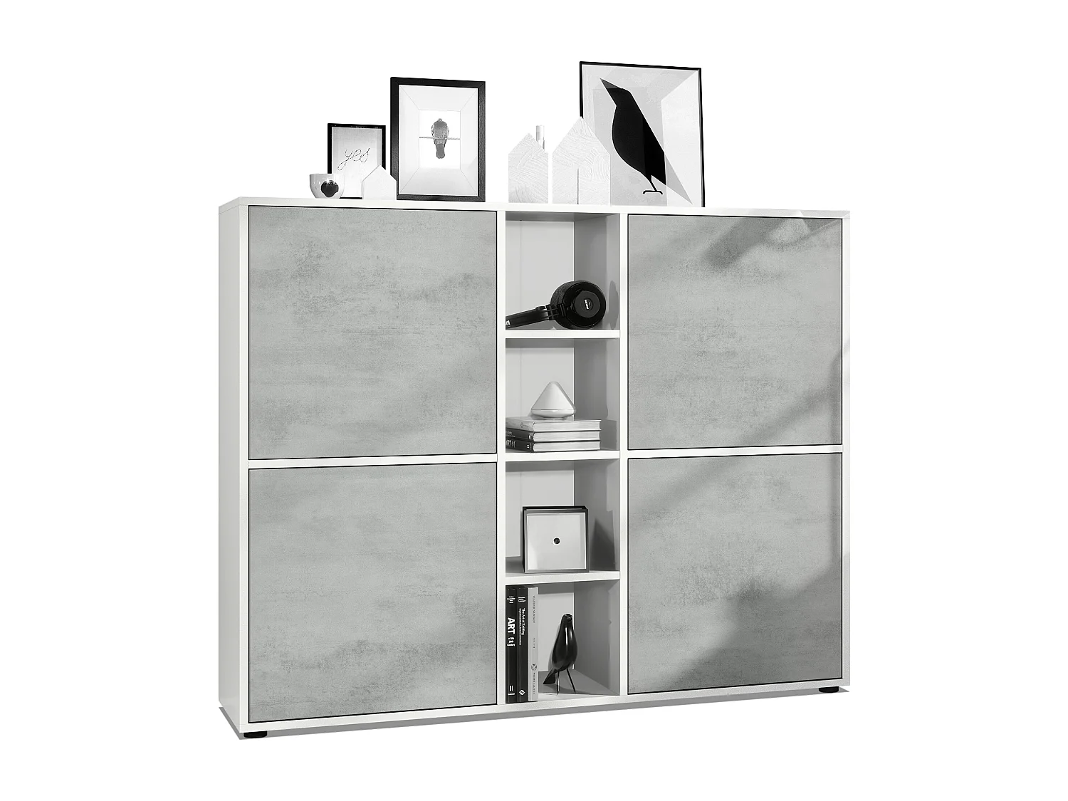 Highboard Cuba V3, blanc mat/aspect béton oxyde - Buffet moderne à 12 compartiments (130,5 x 105,5 x 35,5 cm)