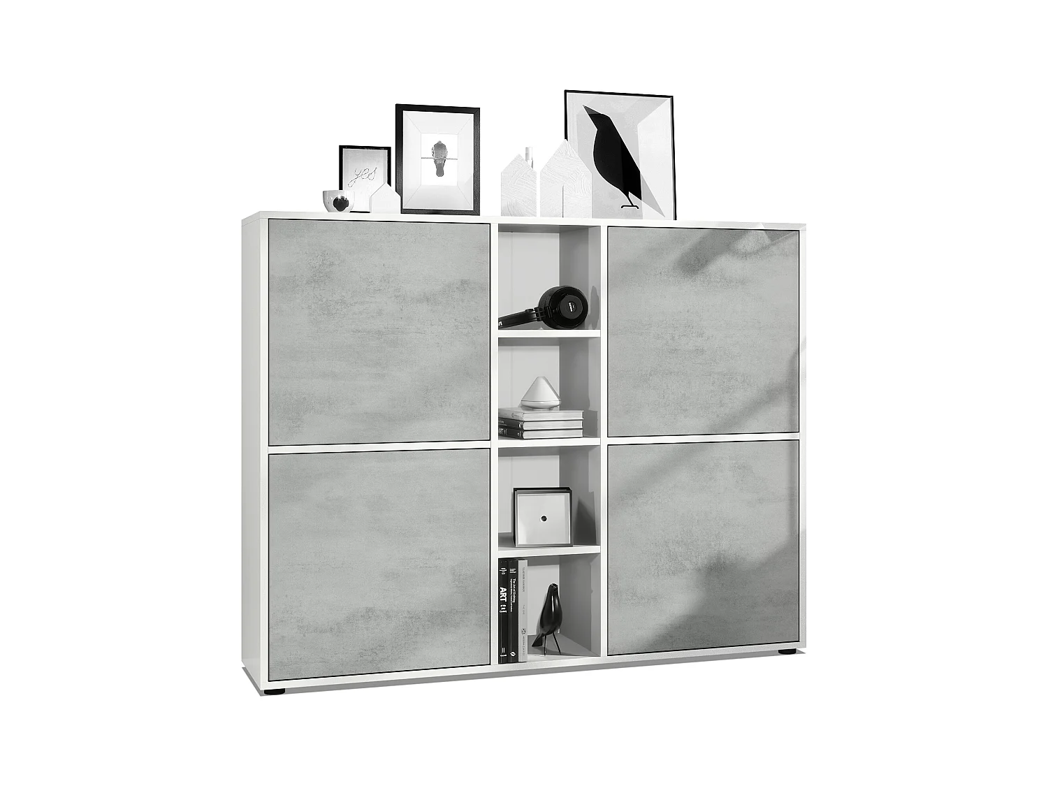 Highboard Cuba V3, blanc mat/aspect béton oxyde - Buffet moderne à 12 compartiments (130,5 x 105,5 x 35,5 cm)