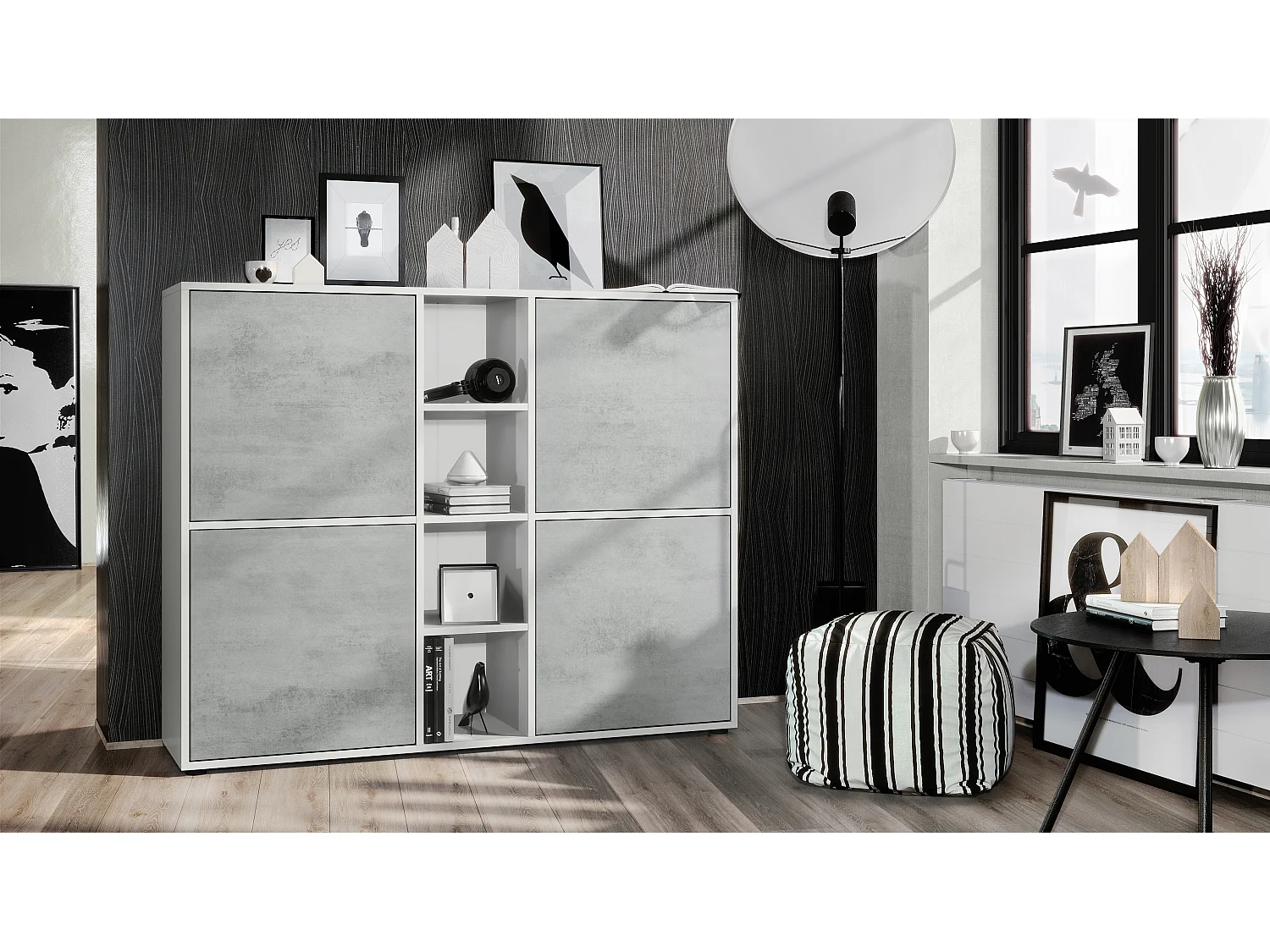 Vladon Credenza Cuba V3, bianco opaco/ottica cermento ossido - Credenza moderna con 12 scomparti (130,5 x 105,5 x 35,5 cm)