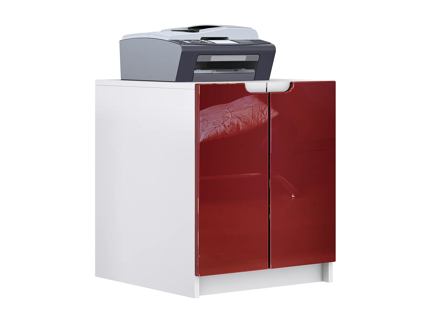 commode d'imprimante Logan, armoire à dossiers avec 2 compartiments et 2 portes, corps blanc mat, façades bordeaux haute brillance, (51 x 60,5 x 54 cm)