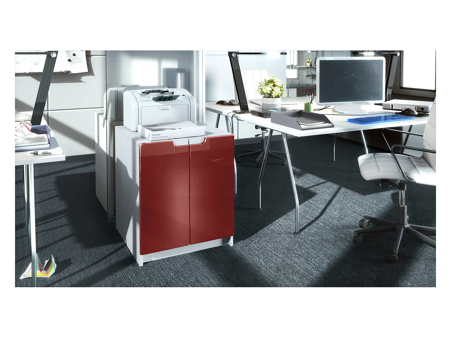 commode d'imprimante Logan, armoire à dossiers avec 2 compartiments et 2 portes, corps blanc mat, façades bordeaux haute brillance, (51 x 60,5 x 54 cm)