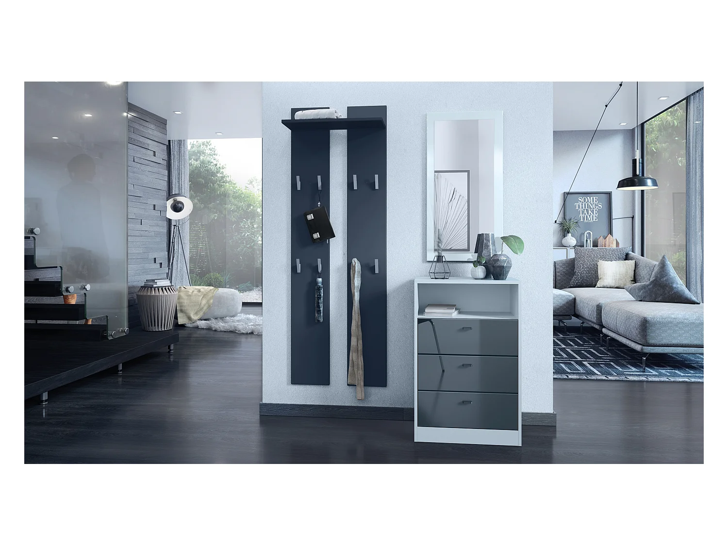 Ensemble de vestiaires Pino V2, 2 Panneaux muraux 140 cm et buffet avec 2 tiroirs & 1 compartiment ouvert, blanc mat/gris haute brillance (56 x 67,5 x 36 cm)