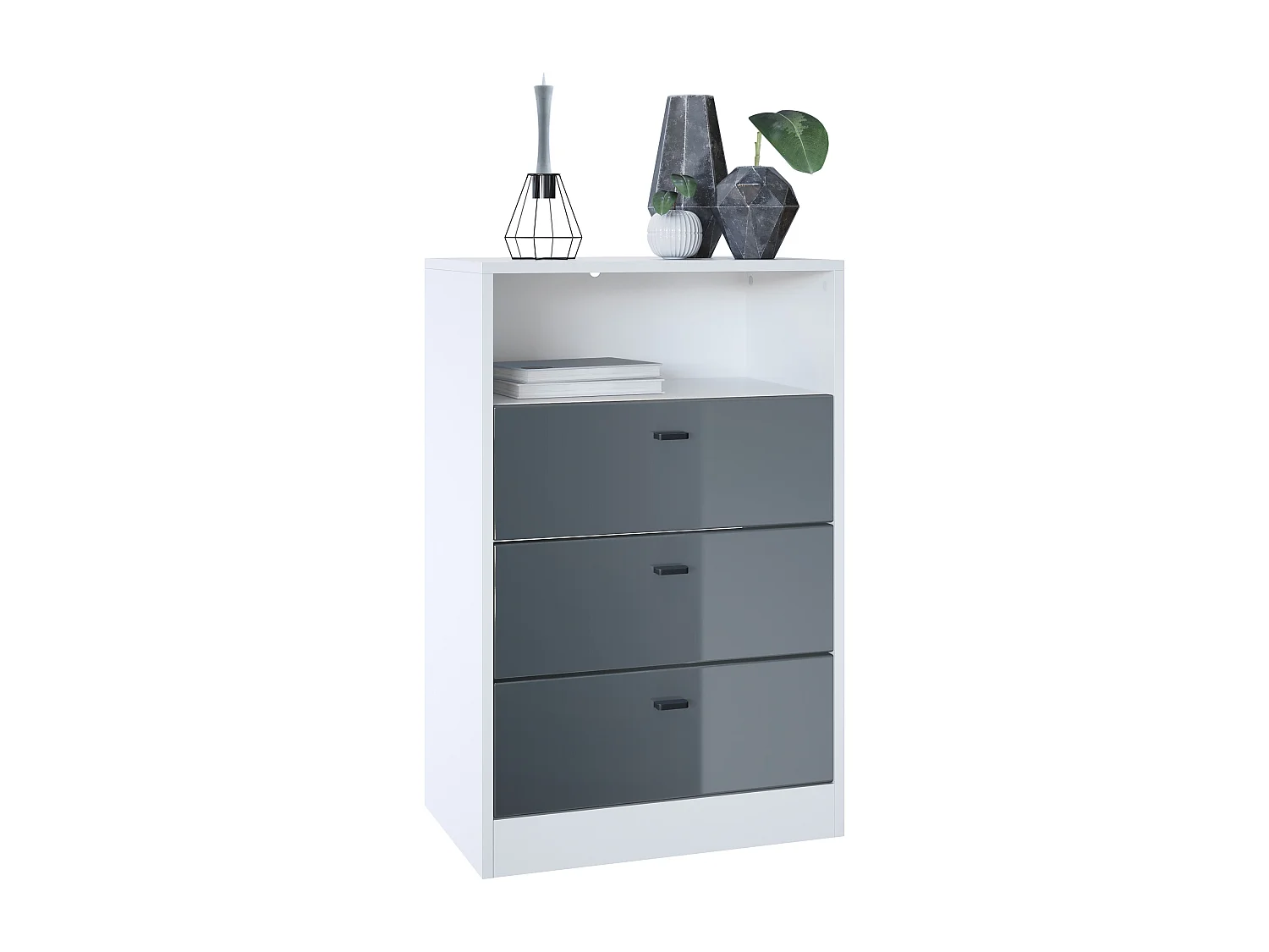 Ensemble de vestiaires Pino V2, 2 Panneaux muraux 140 cm et buffet avec 2 tiroirs & 1 compartiment ouvert, blanc mat/gris haute brillance (56 x 67,5 x 36 cm)