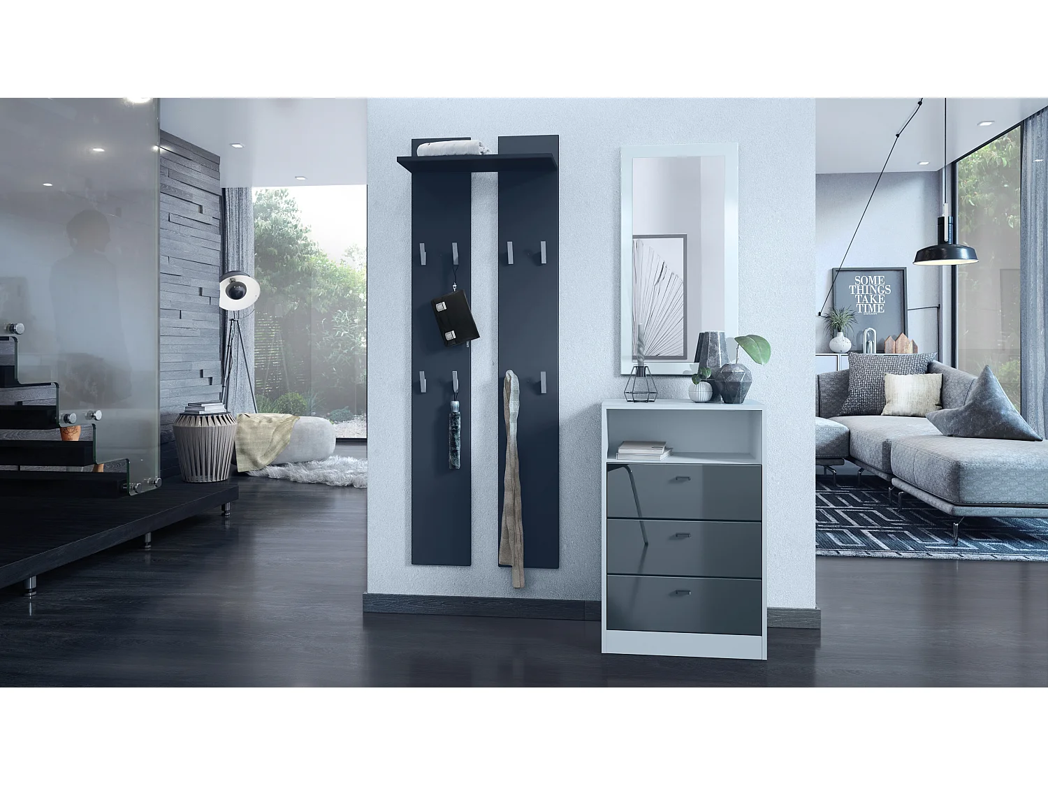 Ensemble de vestiaires Pino V2, 2 Panneaux muraux 140 cm et buffet avec 2 tiroirs & 1 compartiment ouvert, blanc mat/gris haute brillance (56 x 67,5 x 36 cm)