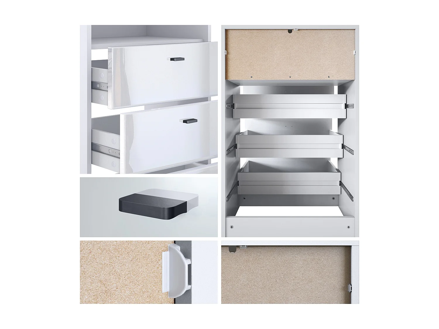 Ensemble de vestiaires Pino V2, 2 Panneaux muraux 140 cm et buffet avec 2 tiroirs & 1 compartiment ouvert, blanc mat/gris haute brillance (56 x 67,5 x 36 cm)