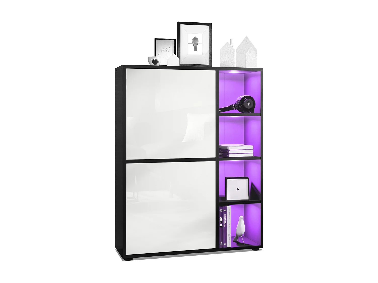 Buffet haut Cuba avec 8 compartiments, caisson en noir mat / Façades en Blanc laqué haute brillance avec éclairage LED RGB