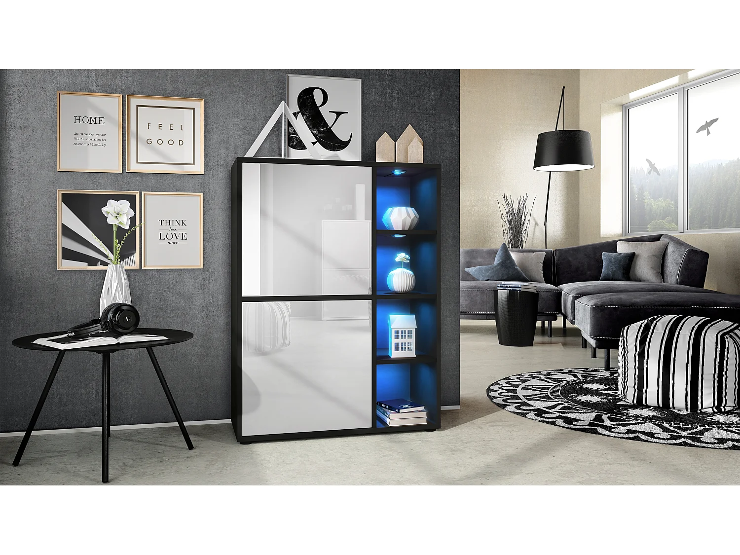 Buffet haut Cuba avec 8 compartiments, caisson en noir mat / Façades en Blanc laqué haute brillance avec éclairage LED RGB