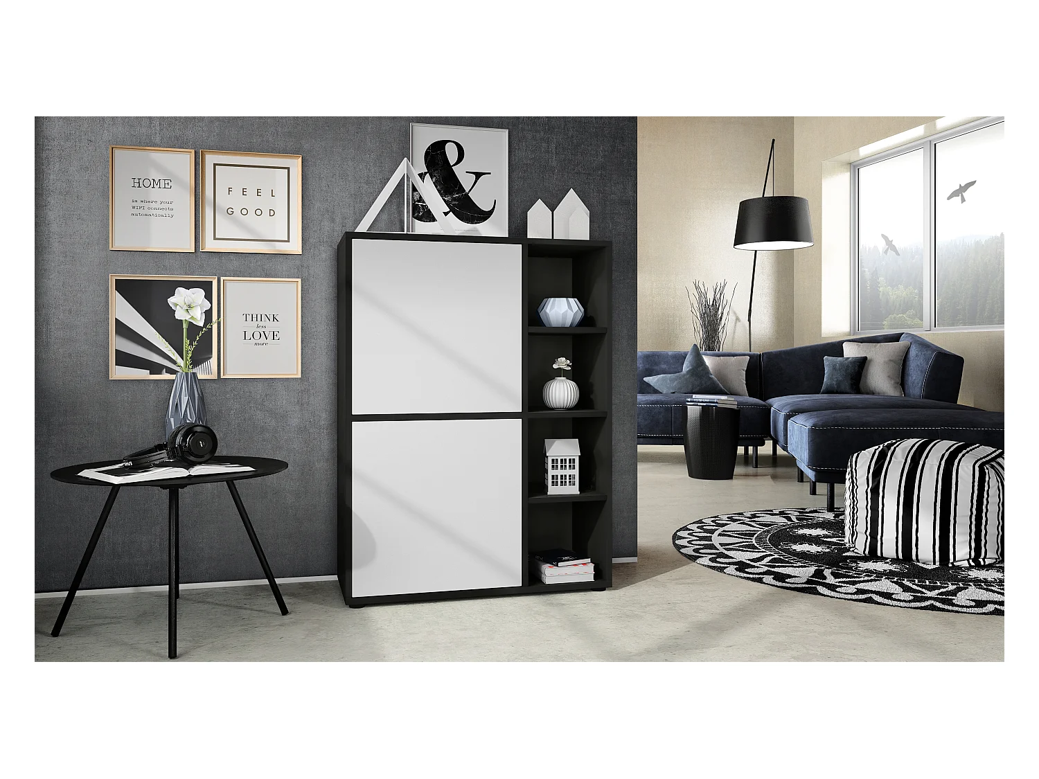 Buffet haut Cuba avec 8 compartiments, caisson en noir mat / Façades en Blanc mat