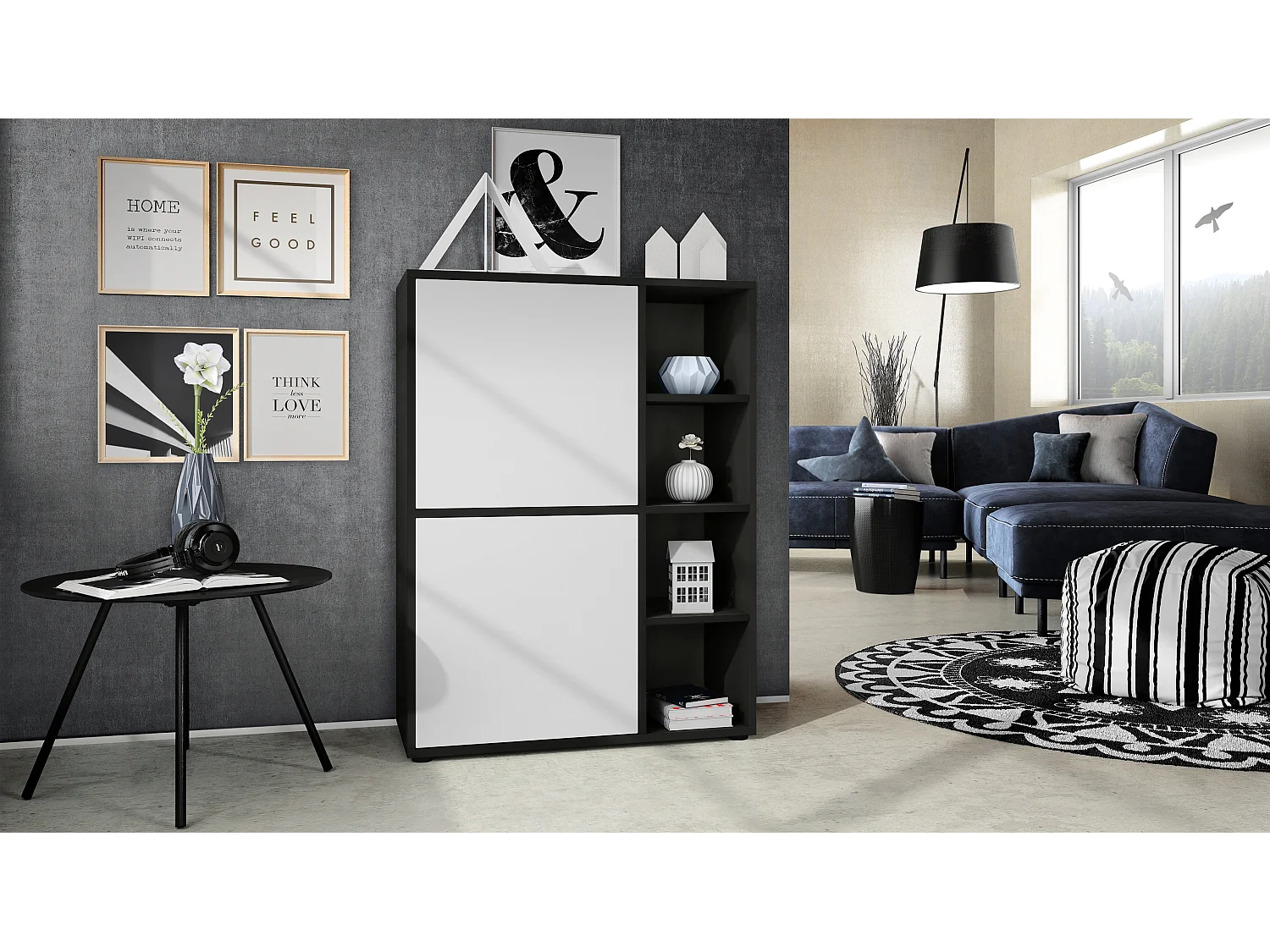 Credenza  Cuba 79 x 105,5 x 35,5 cm Credenza con 8 ripiani, Struttura in nero opaco / Ante in bianco opaco