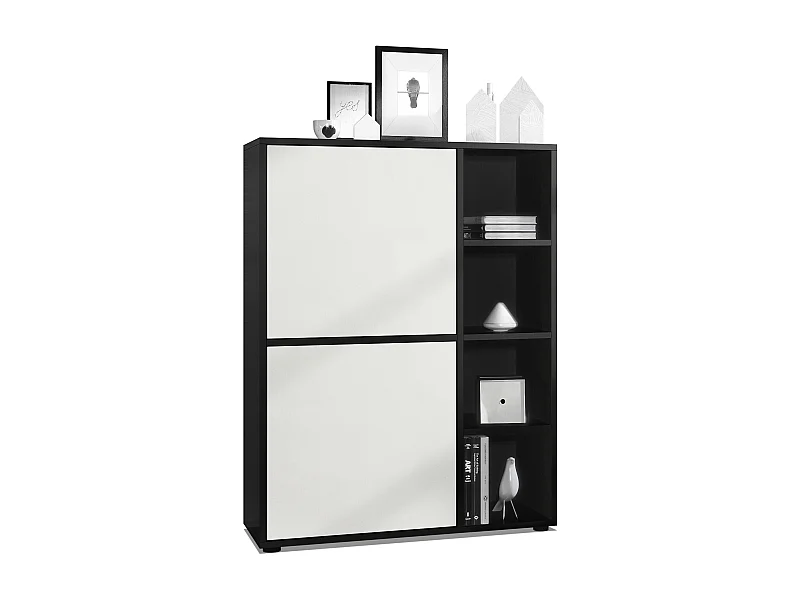 Buffet haut Cuba avec 8 compartiments, caisson en noir mat / Façades en Blanc mat