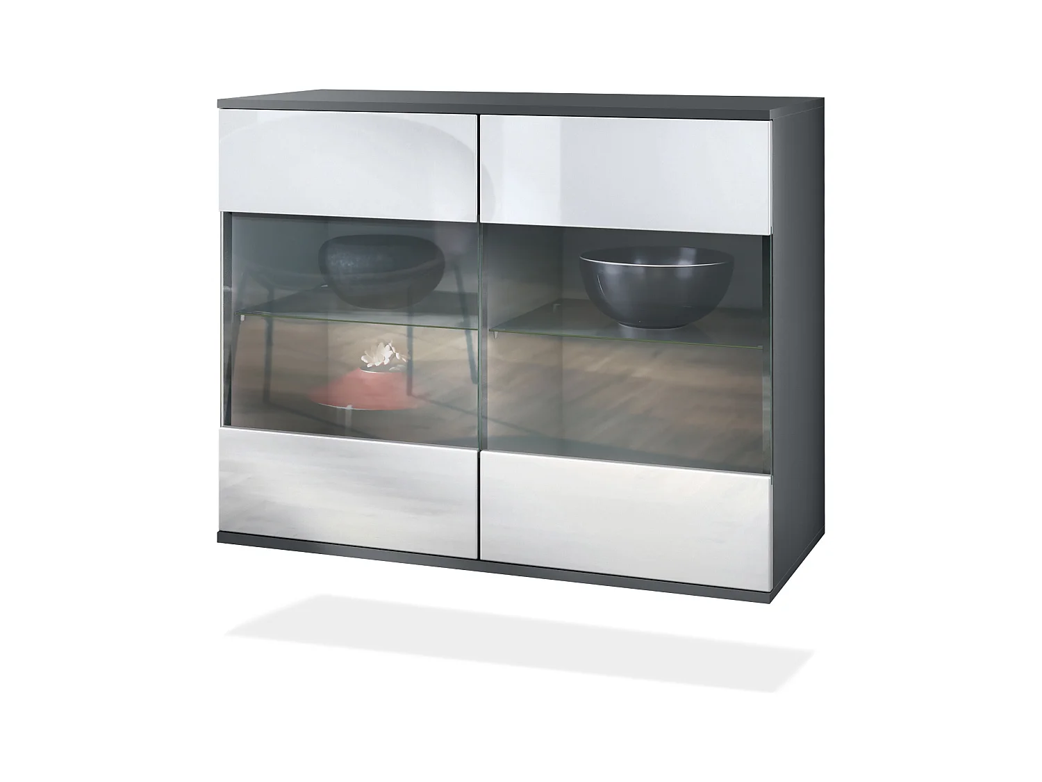 Commode Bari V3, Armoire de cuisine moderne avec 2 grandes portes vitrées anthracite mat / blanc haute brillance (92,5 x 73.5 x 35)