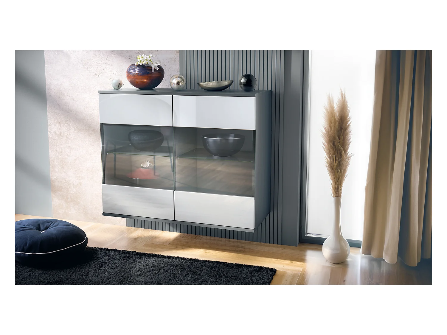 Commode Bari V3, Armoire de cuisine moderne avec 2 grandes portes vitrées anthracite mat / blanc haute brillance (92,5 x 73.5 x 35)