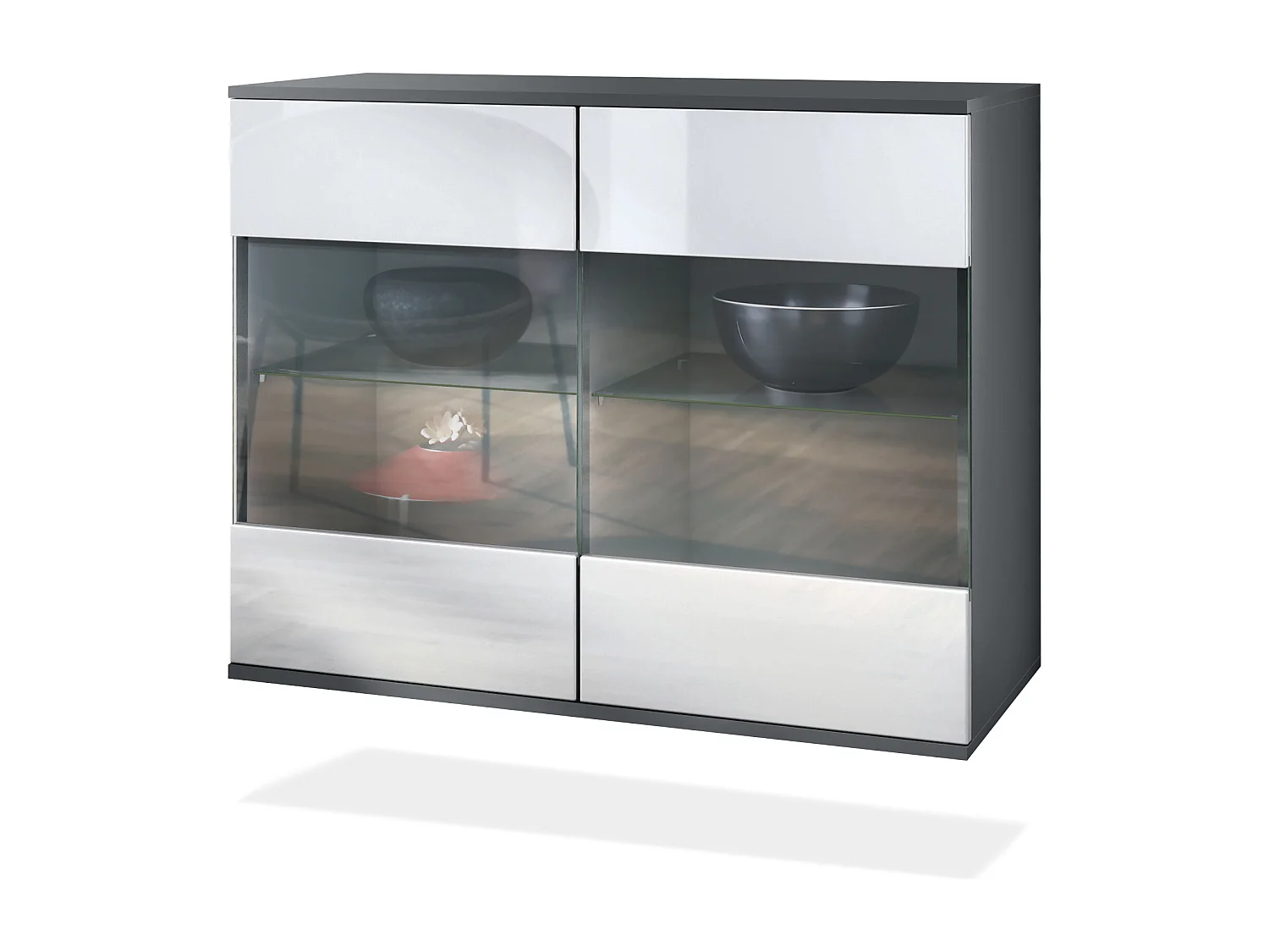Cassettiera Bari V3, Mobile da cucina moderno con 2 grandi ante in vetro antracite opaco  / bianco lucido (92,5 x 73.5 x 35)
