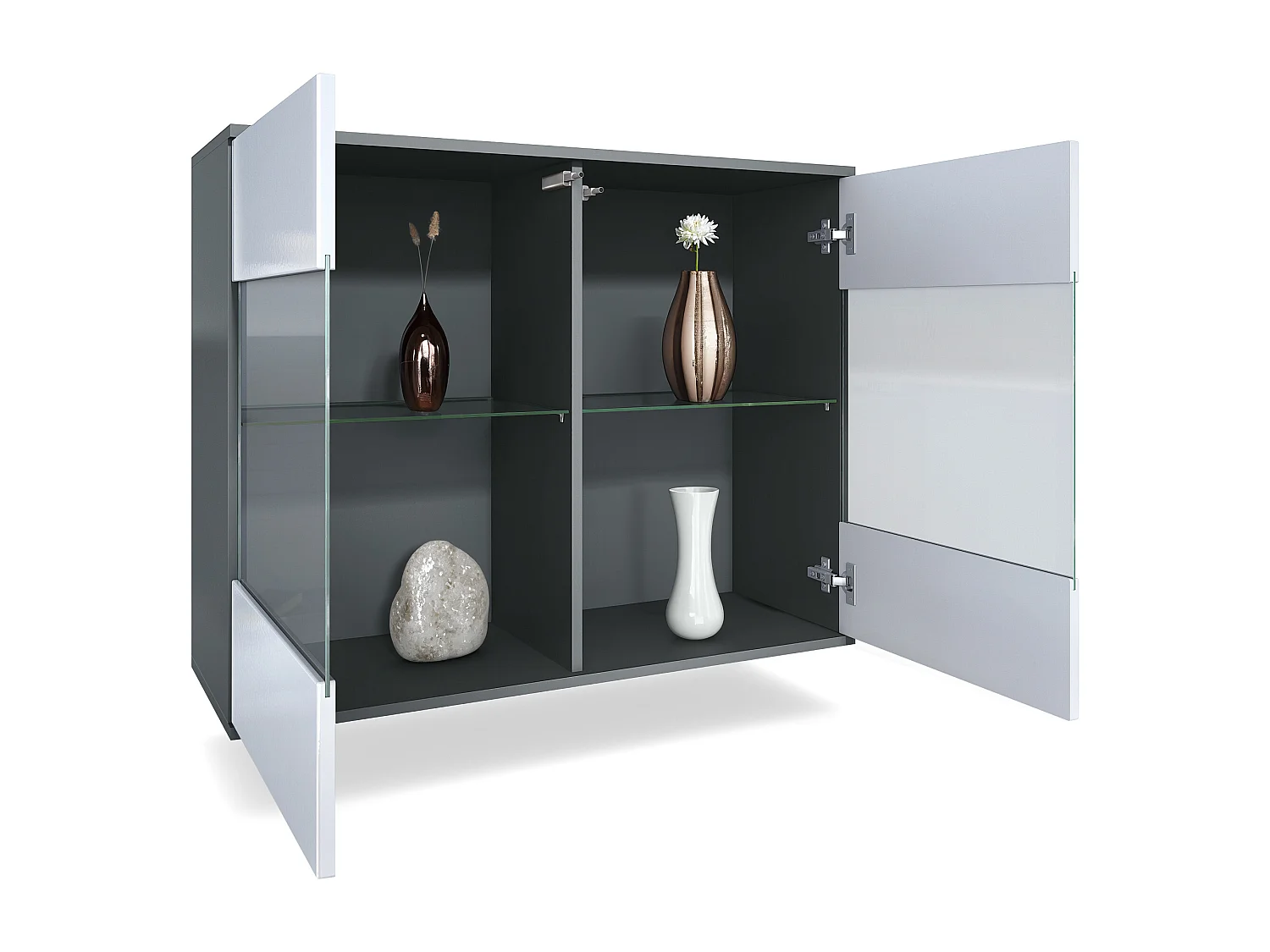 Cassettiera Bari V3, Mobile da cucina moderno con 2 grandi ante in vetro antracite opaco  / bianco lucido (92,5 x 73.5 x 35)
