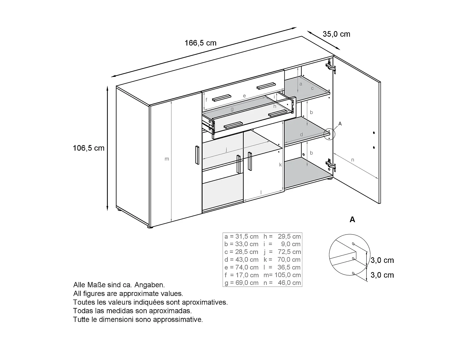 Le Buffet Haut Aron bahut avec 2 tiroirs et 4 portes avec un total de 8 compartiments derrière, blanc mat/blanc mat (166,5 x 106,5 x 35 cm)