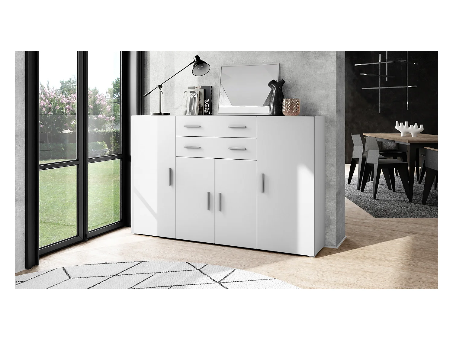 Le Buffet Haut Aron bahut avec 2 tiroirs et 4 portes avec un total de 8 compartiments derrière, blanc mat/blanc mat (166,5 x 106,5 x 35 cm)