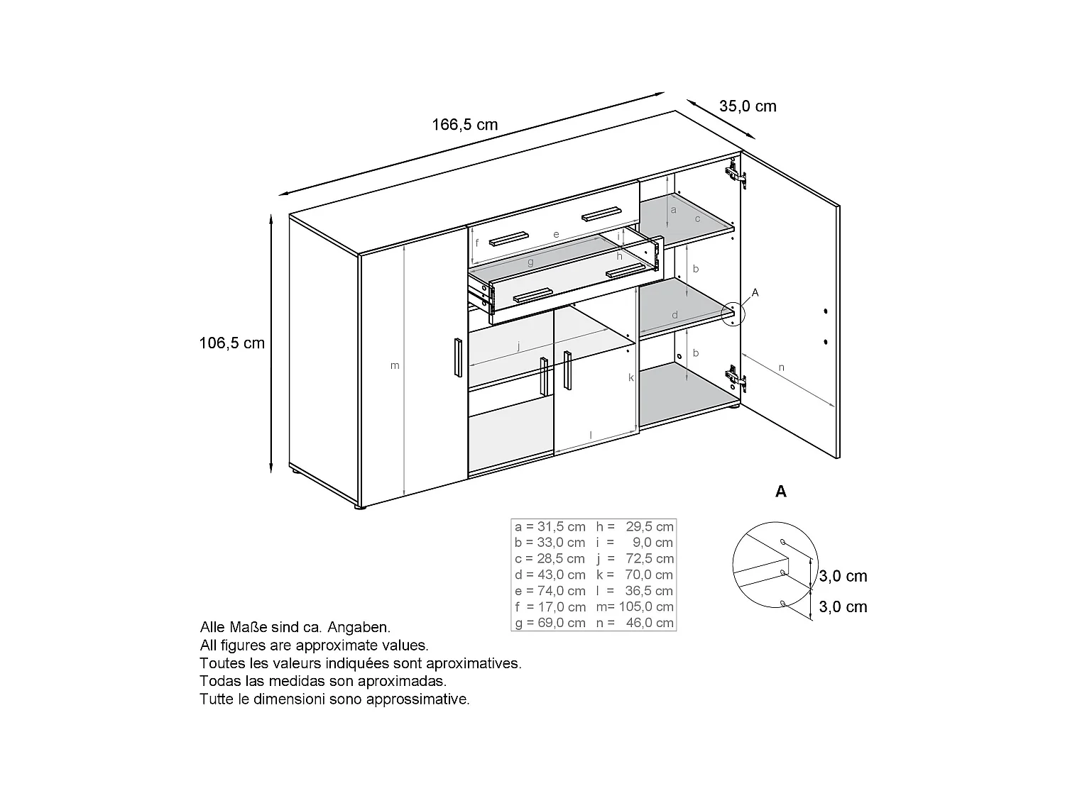 Le Buffet Haut Aron bahut avec 2 tiroirs et 4 portes avec un total de 8 compartiments derrière, blanc mat/blanc mat (166,5 x 106,5 x 35 cm)