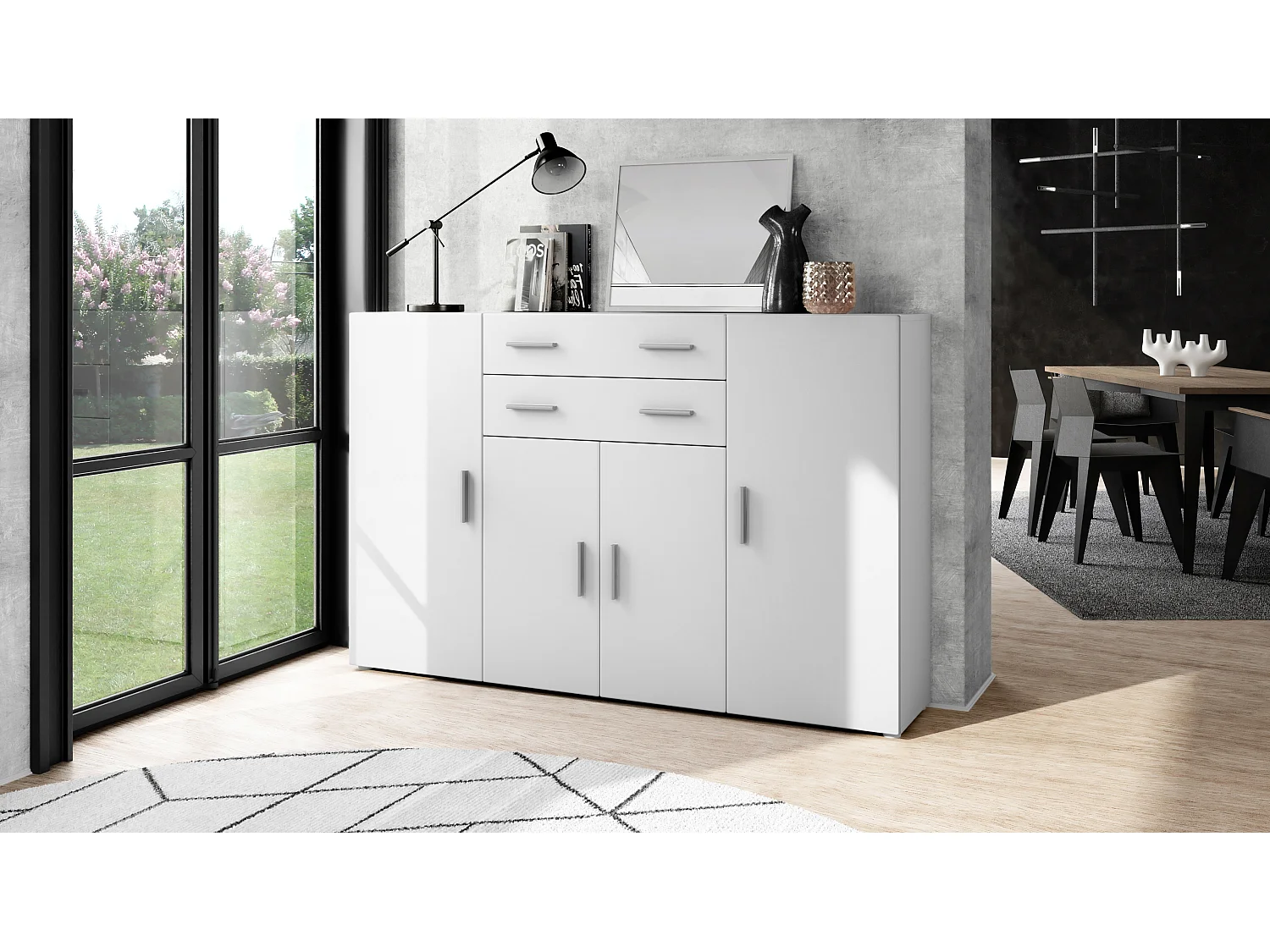 Highboard Aron Sideboard with 2 drawers and 4 doors with a total of 8 compartments behind, bianco opaco/bianco opaco (166.5 x 106.5 x 35 cm)