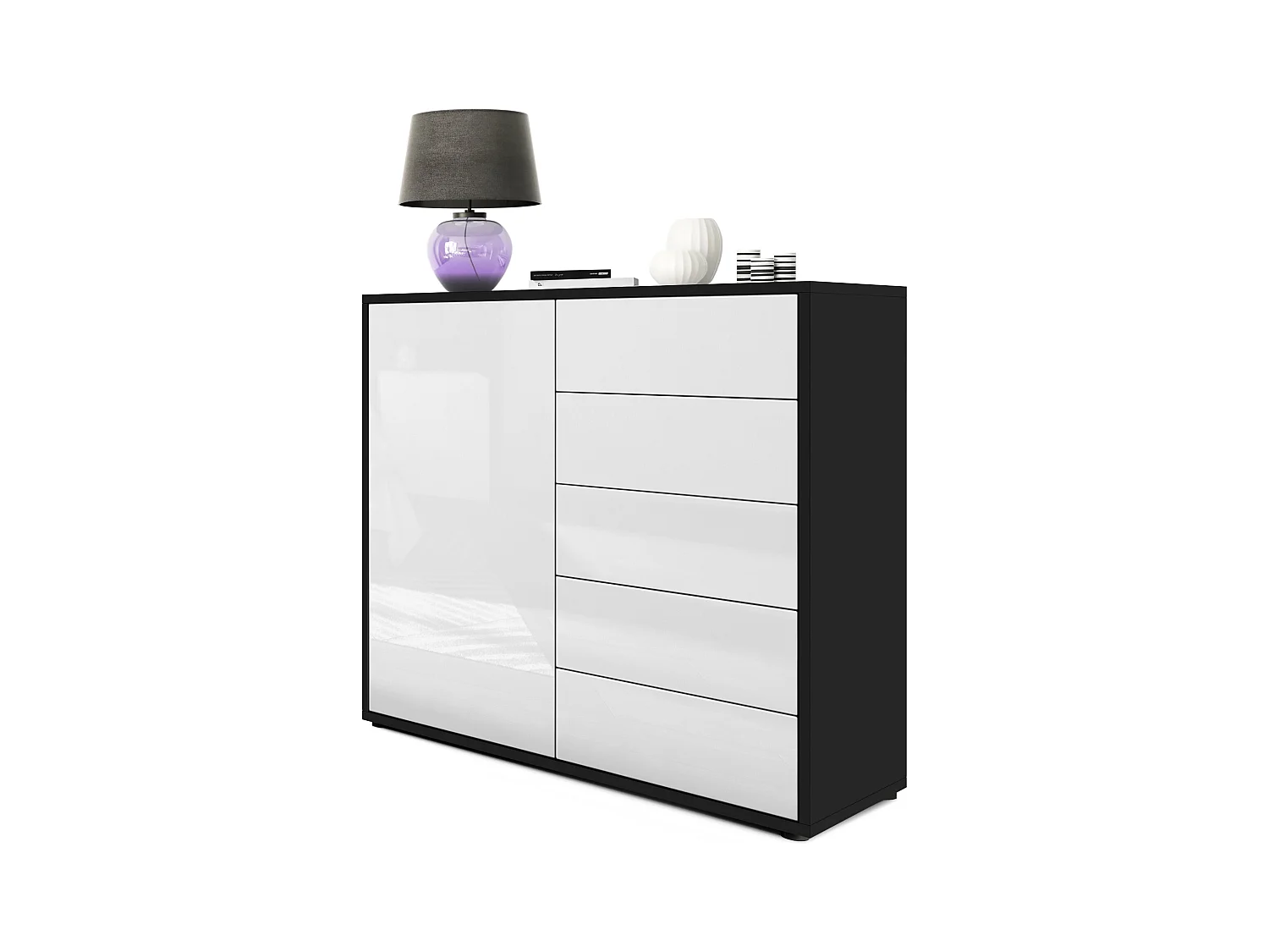 Buffet Ben V2, Commode avec 1 portes et 5 tiroirs, Noir mat/Blanc haute brillance (79 x 74 x 36 cm)