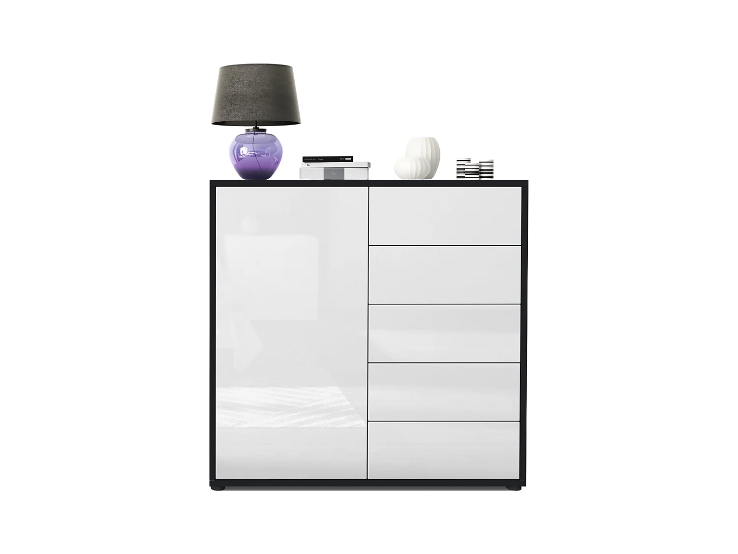 Buffet Ben V2, Commode avec 1 portes et 5 tiroirs, Noir mat/Blanc haute brillance (79 x 74 x 36 cm)