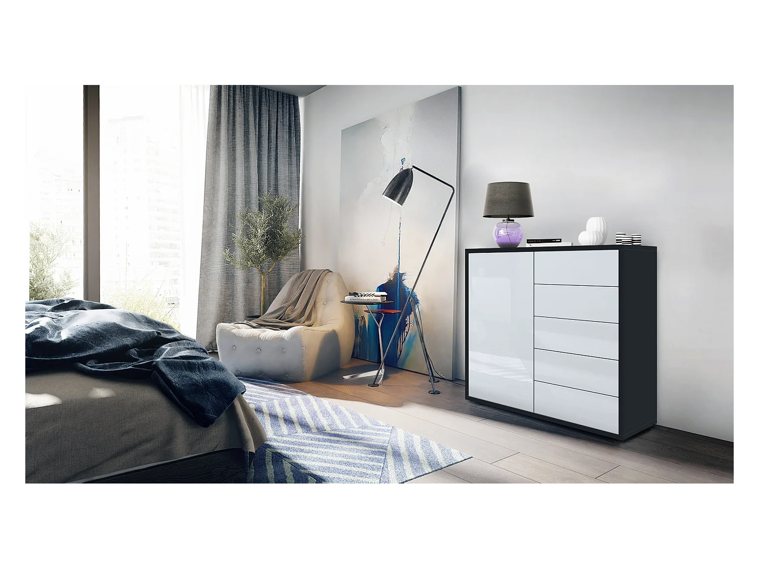 Buffet Ben V2, Commode avec 1 portes et 5 tiroirs, Noir mat/Blanc haute brillance (79 x 74 x 36 cm)